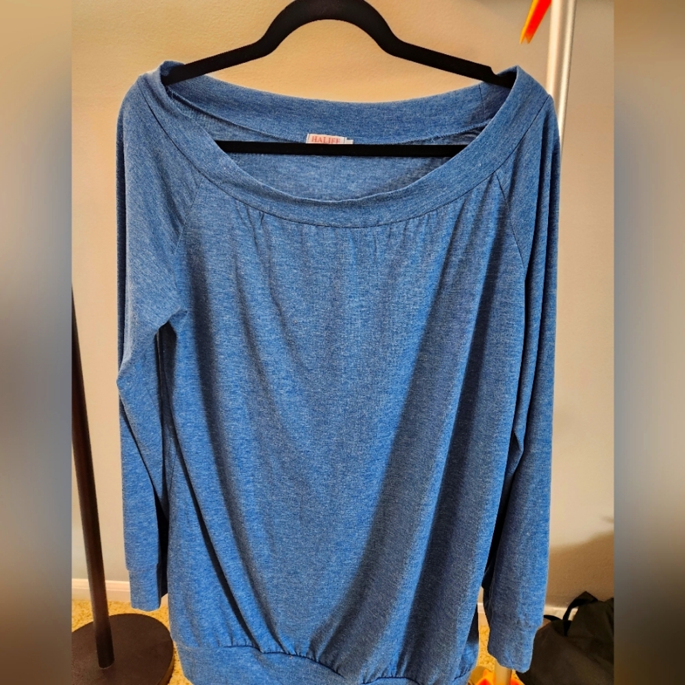 Halife Blue Off the Shoulder Jersey Tee.